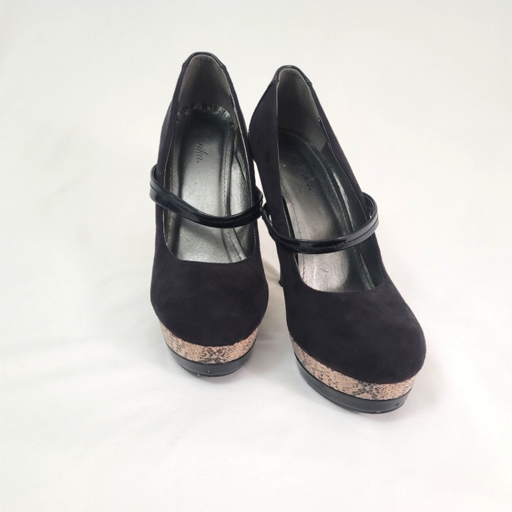 Black Microsuede Faux Patent & Snakeskin Heels